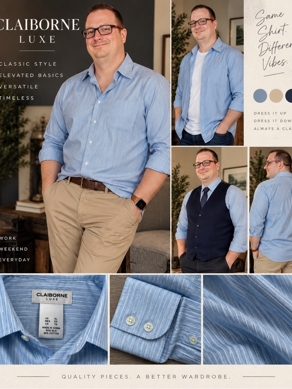 Claiborne Luxe XL Blue Striped Silk Cotton Button Down Shirt